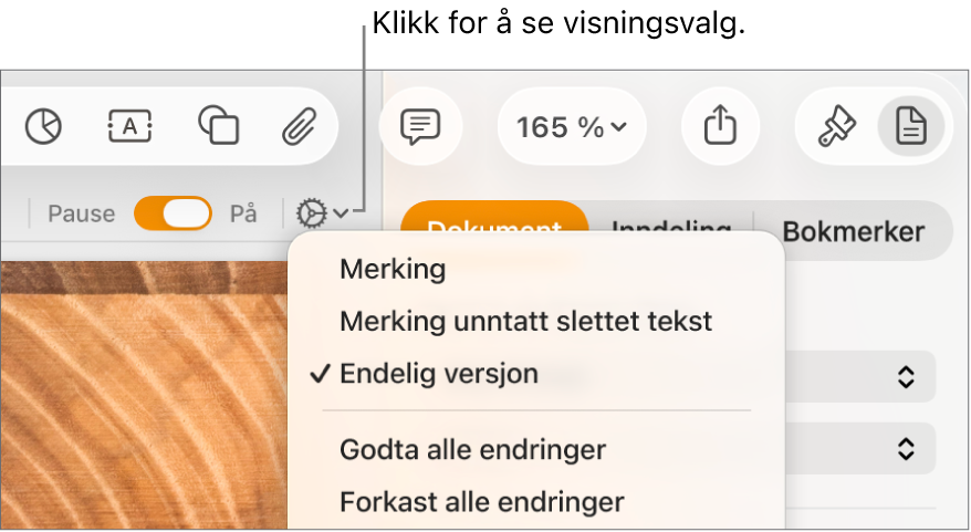 Gjennomgangsvalg-menyen som viser Merking, Merking uten slettet tekst og Endelig versjon.