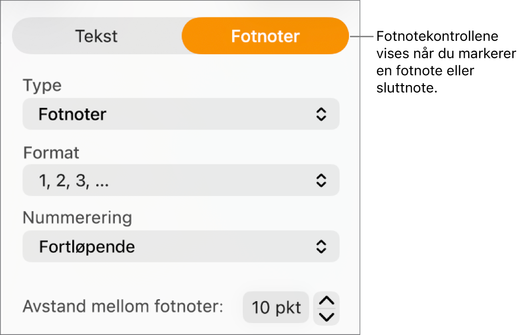 Fotnoter-panelet, som viser lokalmenyer for Type, Format, Nummerering og avstand mellom noter.