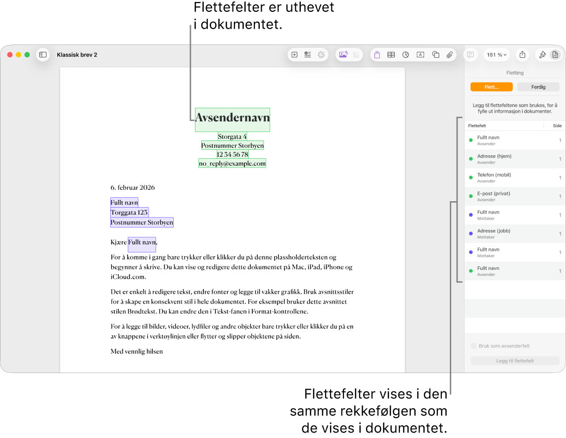 Pages-dokument med flettefelt for mottaker og avsender og en forekomstliste for flettefelt synlig i Dokument-sidepanelet.