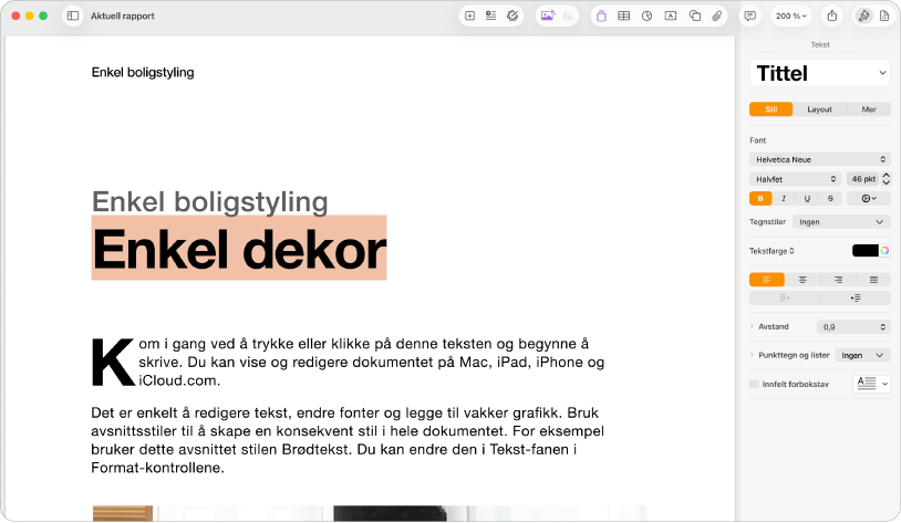 Åpent dokument med Format-sidepanelet åpent og Tekst-fanen markert.