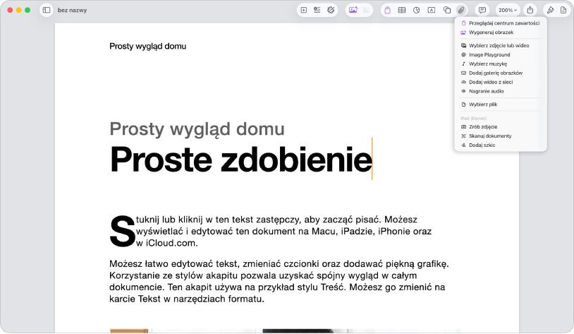 Otwarty dokument z otwartym menu Dodaj multimedia.