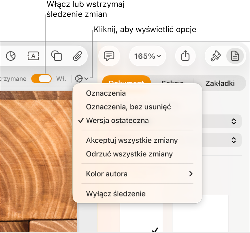 Menu opcji śledzenia zmian z poleceniem Wyłącz śledzenie na dole i etykietami do przycisków włączania i wstrzymywania śledzenia.