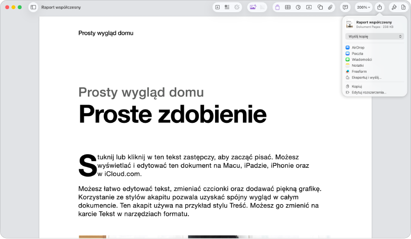 Otwarty dokument z otwartym menu Udostępnij.