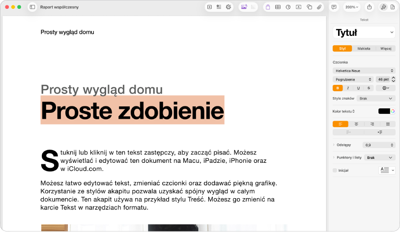 Otwarty dokument z otwartym paskiem bocznym formatowania i zaznaczoną kartą tekstu.