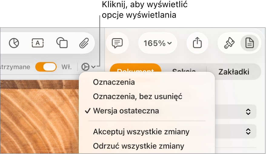 Menu opcji recenzenta z poleceniami Oznaczenia, Oznaczenia bez usunięć oraz Wersja ostateczna.