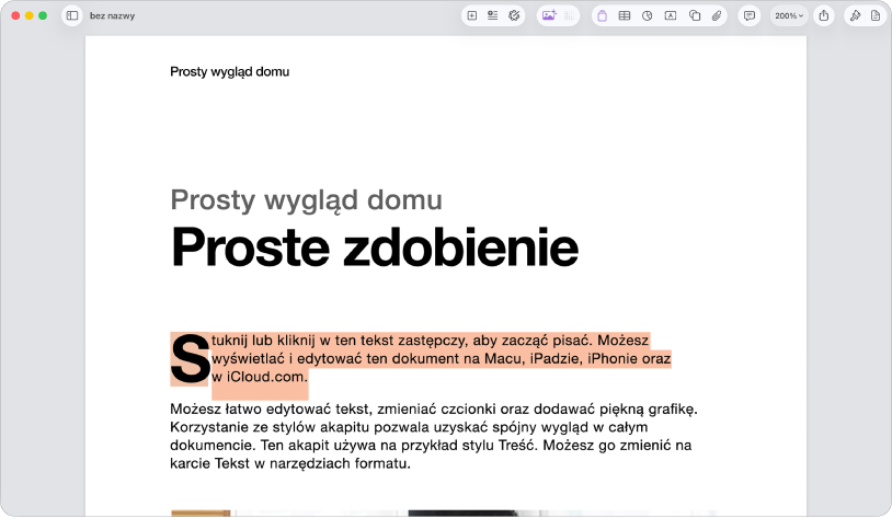 W otwartym dokumencie z zaznaczonym tekstem zastępczym szablonu.