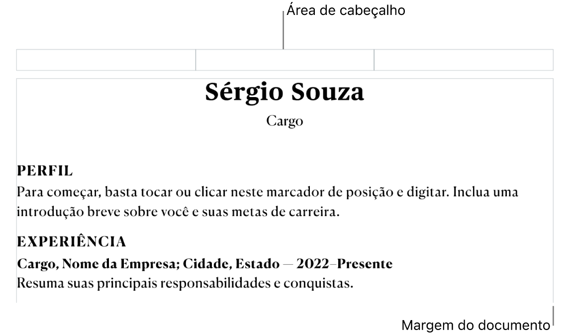A visualização de layout exibindo a área de cabeçalho e margens do documento.