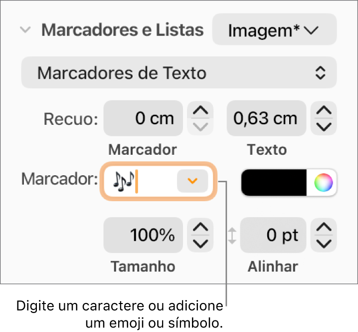 Seção “Marcadores e Listas” da barra lateral Formatar. O campo Marcador mostra um emoji de flor.