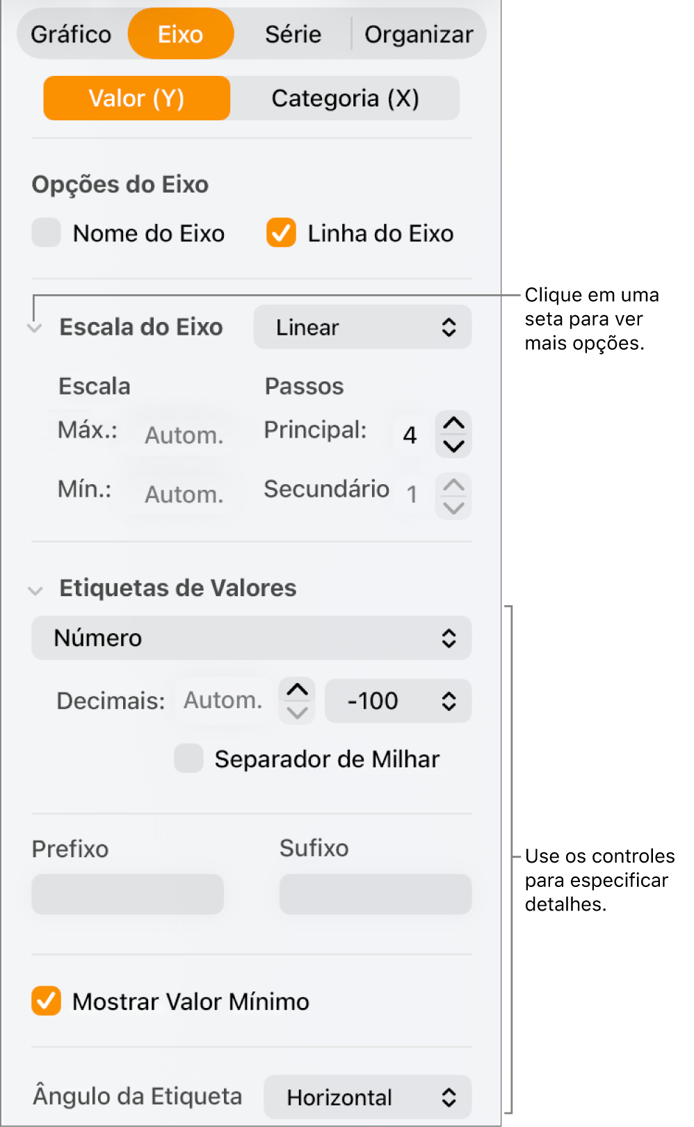Controles para formatação de marcações de eixo do gráfico.
