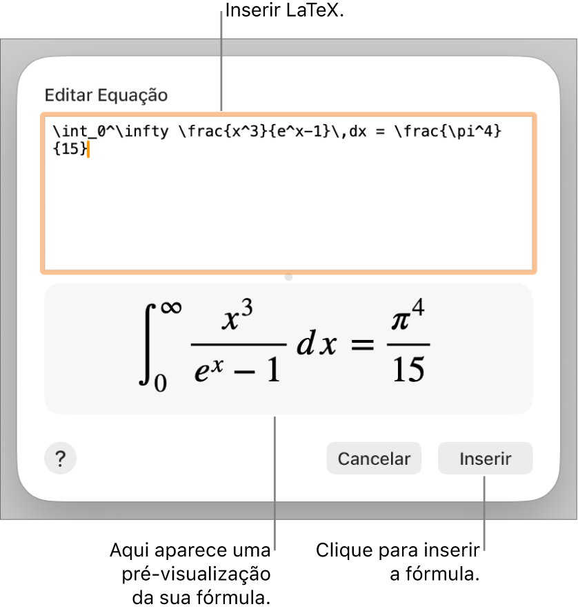 A fórmula quadrática escrita com LaTeX no campo Equação e uma pré-visualização da fórmula abaixo.