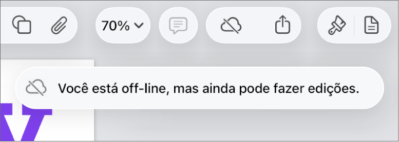 Os botões na parte superior da tela com o botão Colaboração transformado em uma nuvem com uma linha diagonal sobre ela. Alerta na tela informando que “Você está off-line, mas ainda pode fazer edições.”