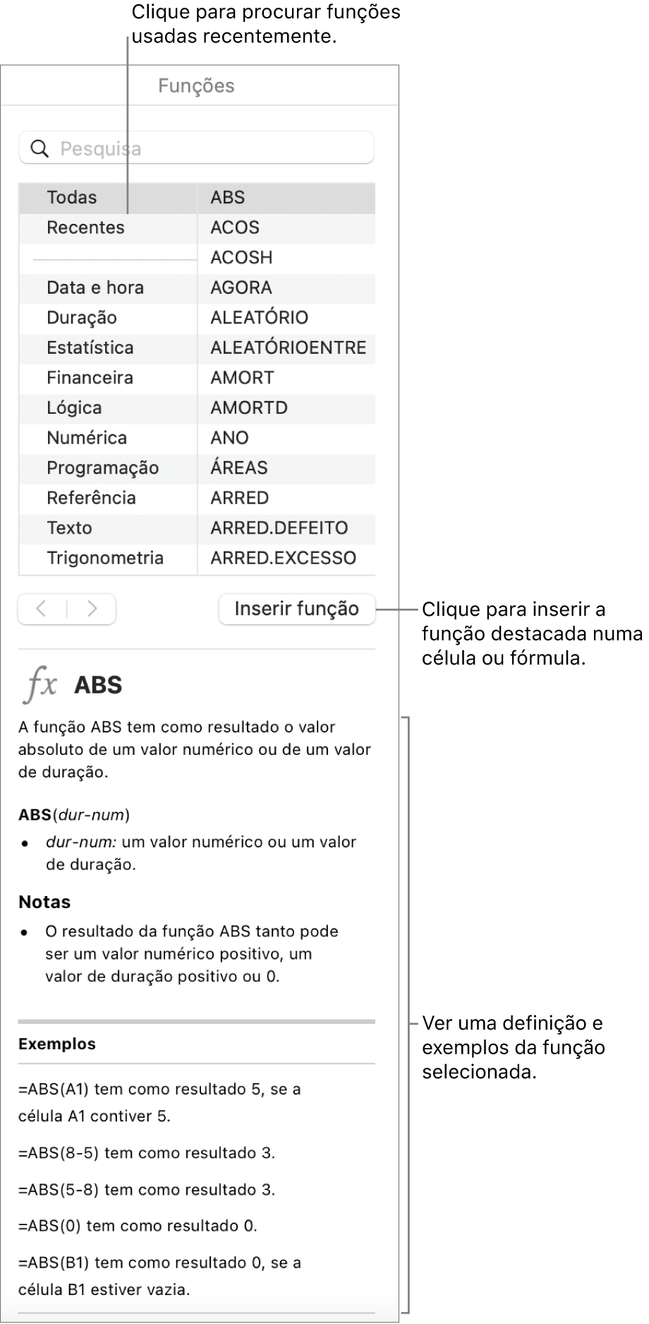 O navegador de funções com chamadas para as funções usadas recentemente, o botão "Inserir função” e a definição da função.