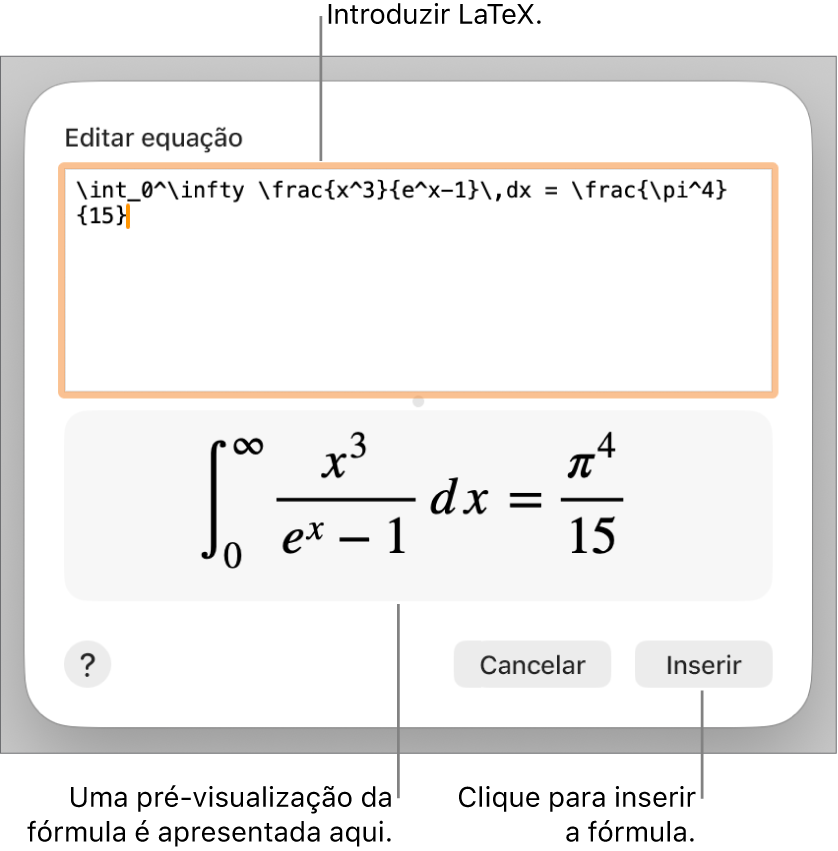A fórmula quadrática escrita com recurso a LaTeX no campo da Equação e uma pré-visualização da equação em baixo.