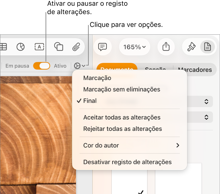 Menu “Registo de alterações” com “Desativar registo de alterações” na parte inferior e chamadas para o botão “Registo de alterações” ativo e “Em pausa”.