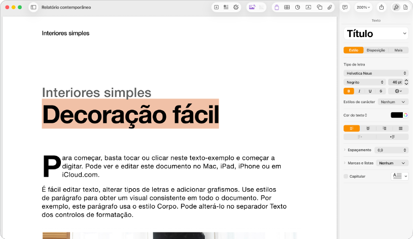 Um documento aberto com a barra lateral de formatação aberta e o separador de texto selecionado.