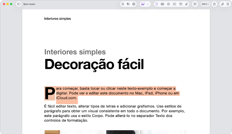 Num documento aberto com texto-exemplo do modelo selecionado.