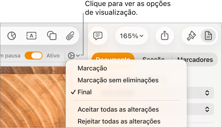 O menu de opções de revisão mostrando "Marcação”, “Marcação sem as eliminações” e “Final”.