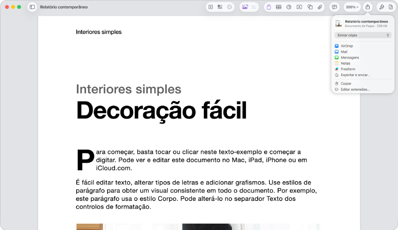 Um documento aberto com o menu "Partilhar” aberto.