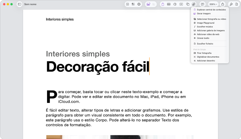 Um documento aberto com o menu “Adicionar conteúdo multimédia” aberto.