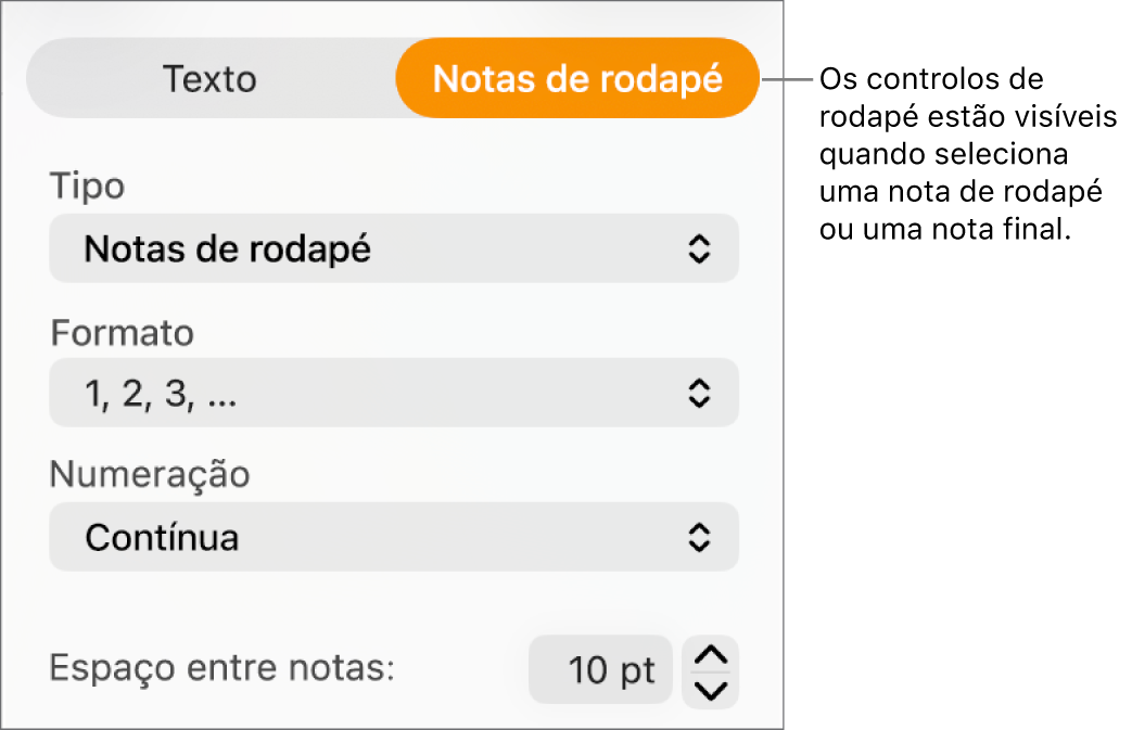 Painel “Notas de rodapé” a mostrar os menus pop-up “Tipo”, “Formato”, “Numeração” e espaço entre notas.