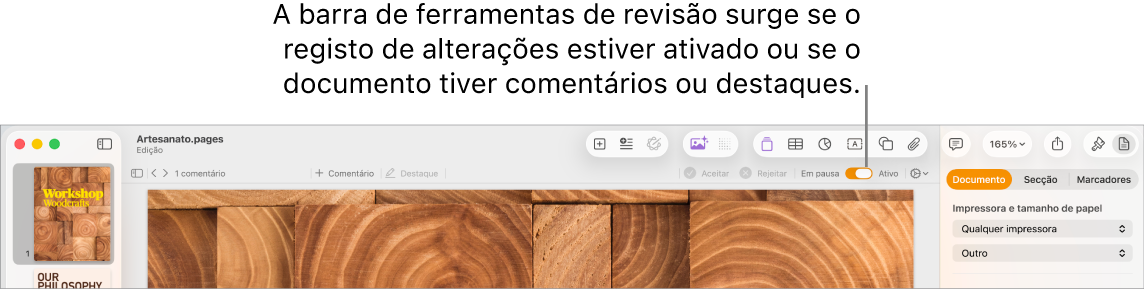 A barra de ferramentas do Pages com registo de alterações ativado e a barra de ferramentas de revisão debaixo da barra de ferramentas do Pages.