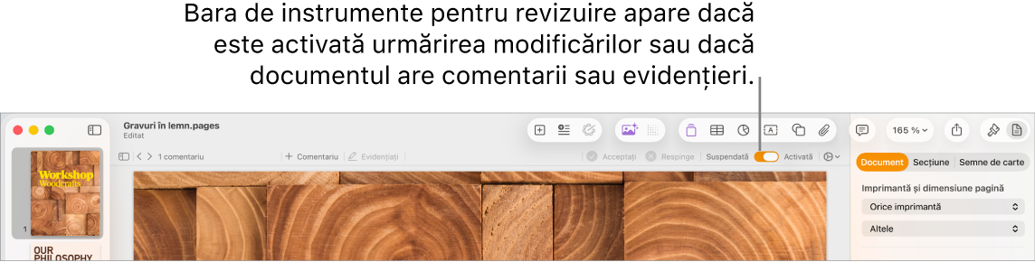 Bara de instrumente Pages cu urmărirea modificărilor activată și bara de instrumente pentru revizuire sub bara de instrumente Pages.