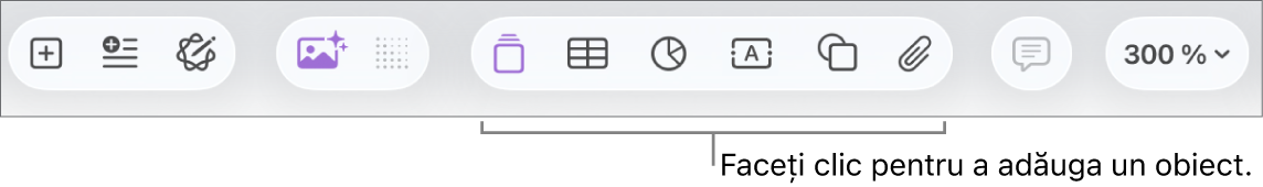 Bara de instrumente cu butoane pentru adăugarea de tabele, diagrame, text, forme și multimedia.