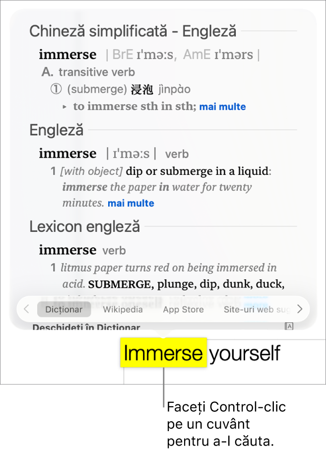 Un paragraf cu un cuvânt evidențiat și o fereastră care afișează definiția acestuia și informații de lexicon. Butoanele din partea de jos a ferestrei oferă linkuri către dicționar, Wikipedia și site-uri web sugerate de Siri.