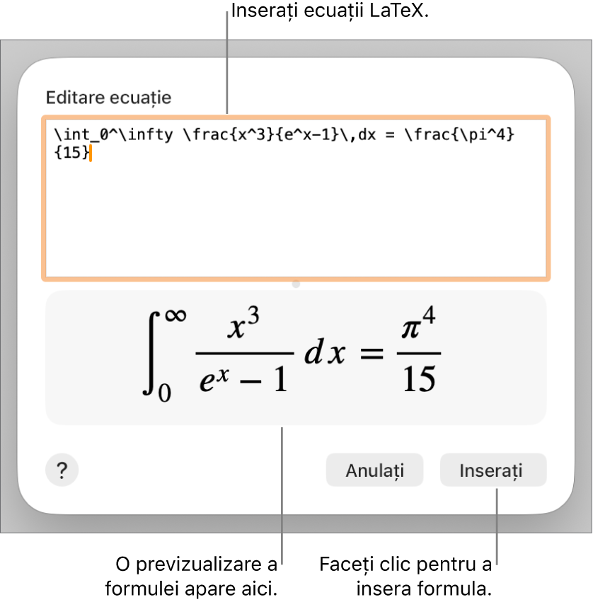 Formula cuadratică scrisă utilizând LaTeX în câmpul Ecuație și o previzualizare a formulei dedesubt.