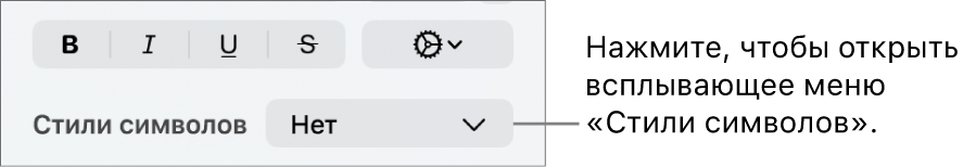 Всплывающее меню «Стили символов».