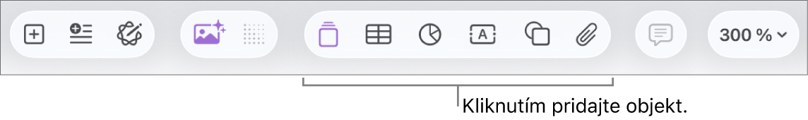 Panel s nástrojmi Pages s tlačidlami Vložiť, Tabuľka, Graf, Text, Tvar a Médiá.