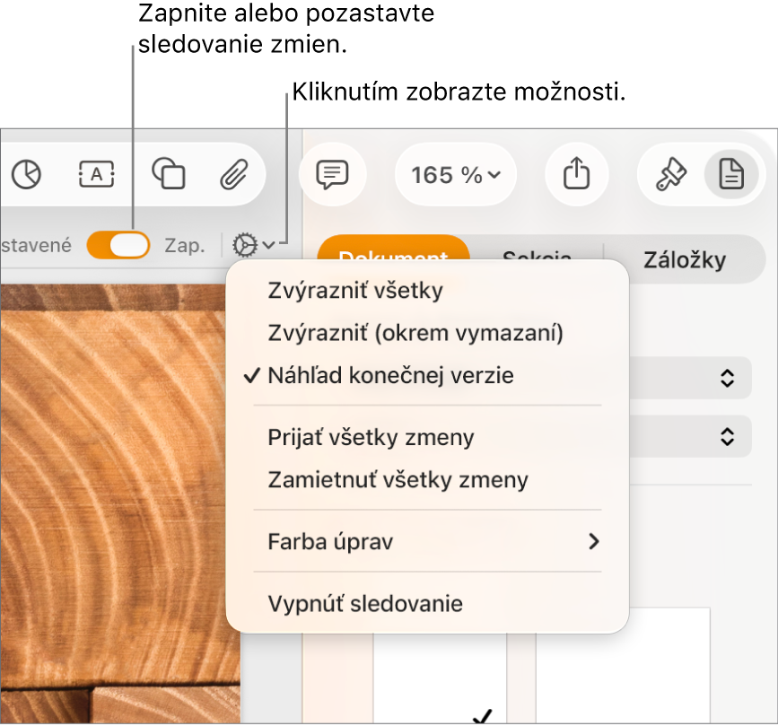 Menu možností sledovania zobrazujúce položku Vypnúť sledovanie (v spodnej časti) a textové bubliny na tlačidlách Sledovanie zap. a Pozastavené.