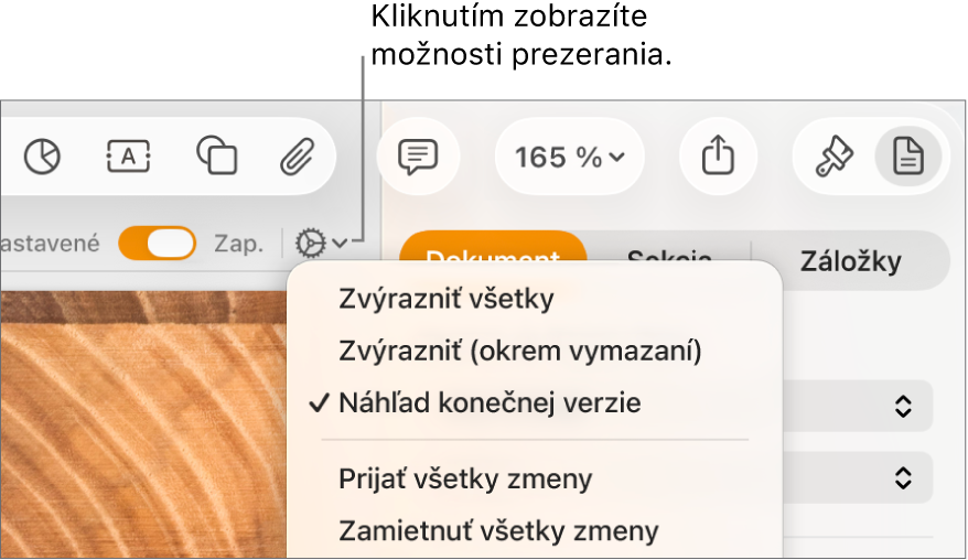 Menu s možnosťami revízie zobrazujúce funkcie Značka, Označiť bez vymazania a Konečné.