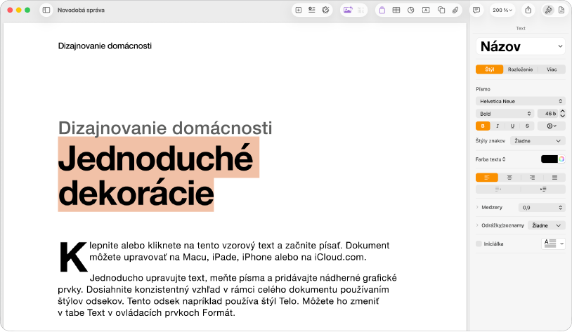 Otvorený dokument s otvoreným postranným panelom Formát a vybraným tabom Text.