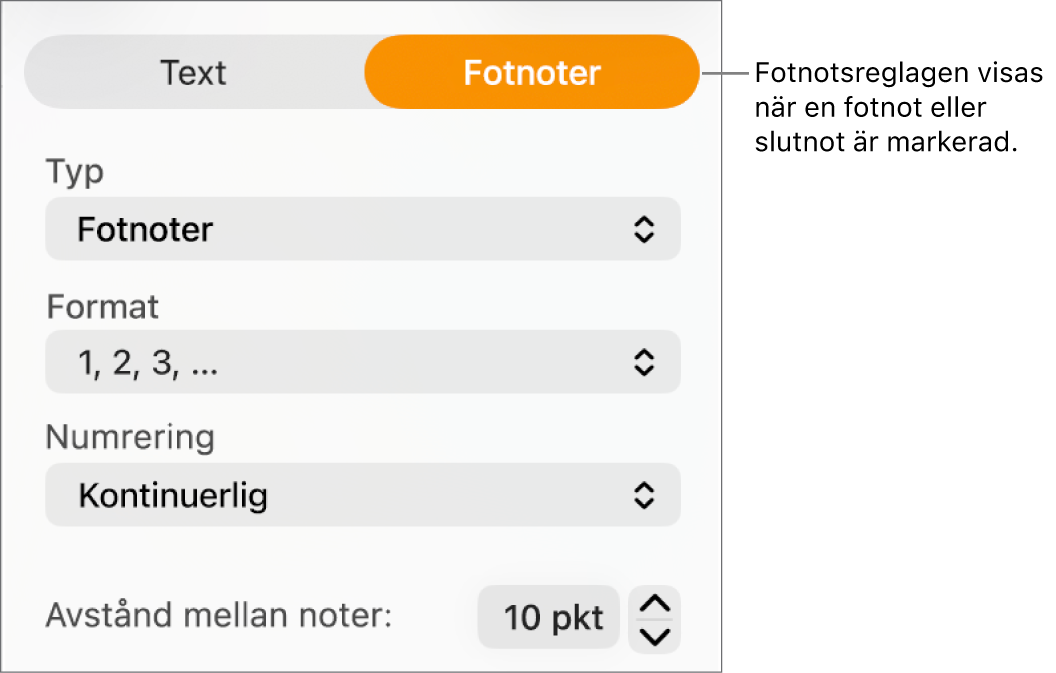Panelen Fotnoter med popupmenyer för typ, format, numrering och mellanrum mellan fotnoterna.