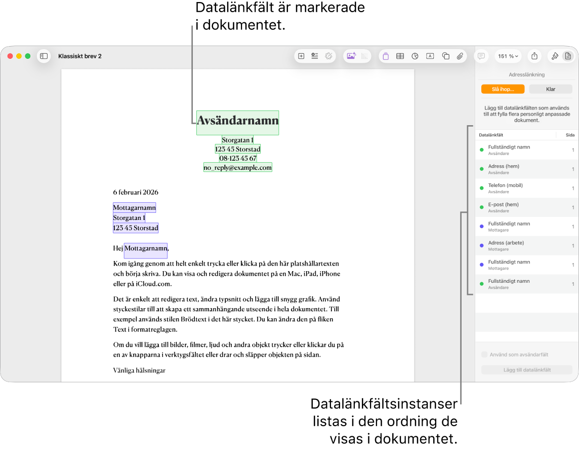 Pages-dokument med datalänkfält för mottagare och avsändare. Instanslistan för datalänkfältet är synligt i dokumentsidofältet.