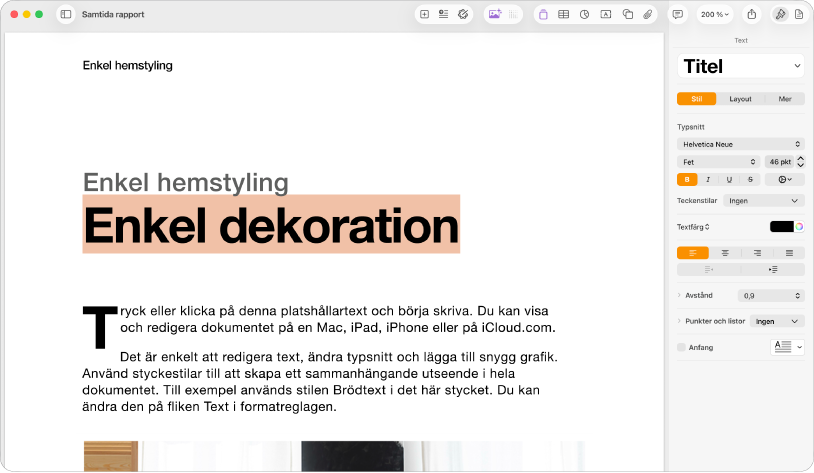 Öppet dokument med formatsidofältet öppet och textfliken markerad.