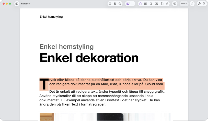 I ett öppet dokument med markerad mallplatshållartext.