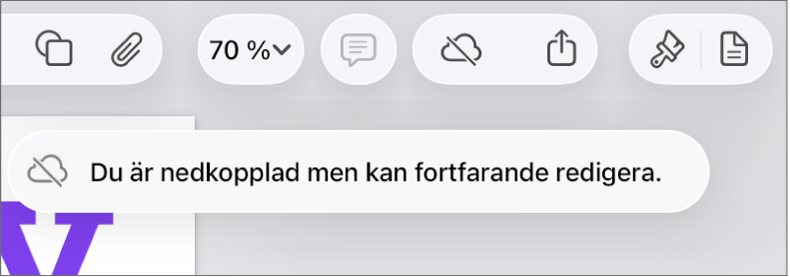 Knapparna överst på skärmen med knappen Samarbete ändrad till ett moln med ett diagonalt streck genom det. Ett meddelande på skärmen säger Du är nedkopplad men kan fortfarande redigera.