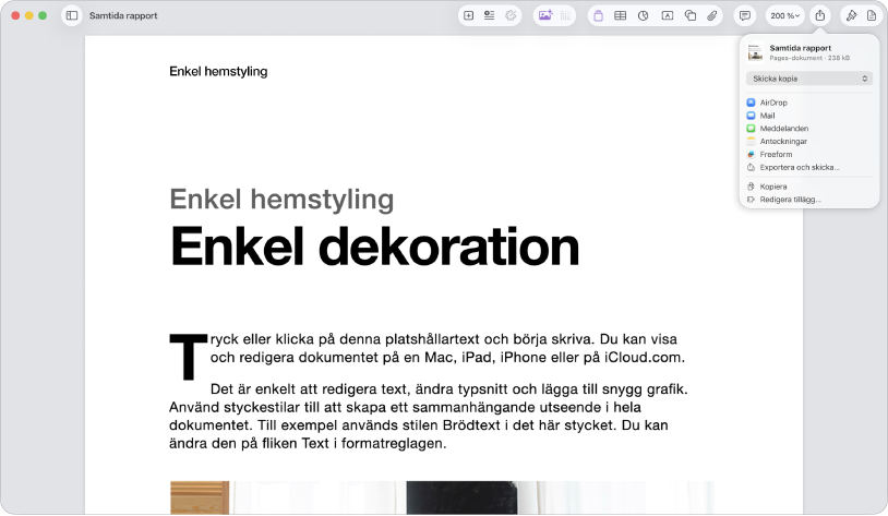 Öppet dokument med menyn Dela öppen.