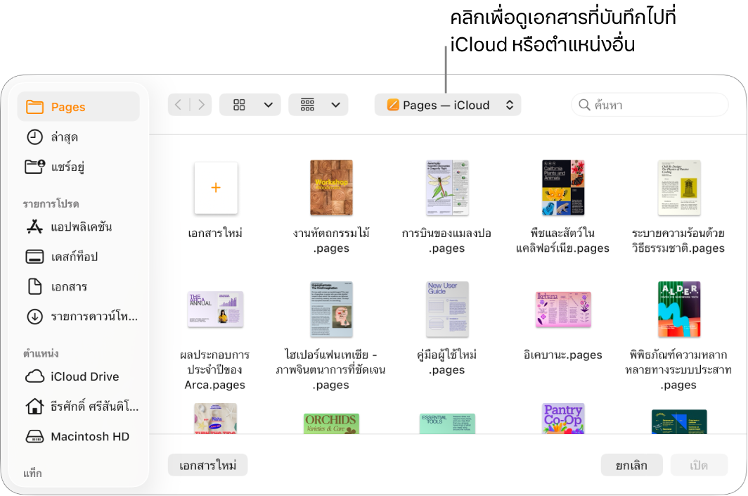 หน้าต่างโต้ตอบ เปิด พร้อมแถบด้านข้างที่เปิดอยู่ทางด้านซ้าย และเลือก iCloud Drive อยู่ในเมนูที่แสดงขึ้นที่ด้านบนสุด โฟลเดอร์ Pages แสดงในหน้าต่างโต้ตอบ พร้อมกับปุ่มเอกสารใหม่