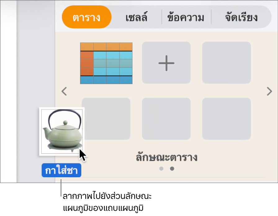 ลากภาพลงในส่วนลักษณะแผนภูมิของแถบด้านข้างเพื่อสร้างลักษณะใหม่