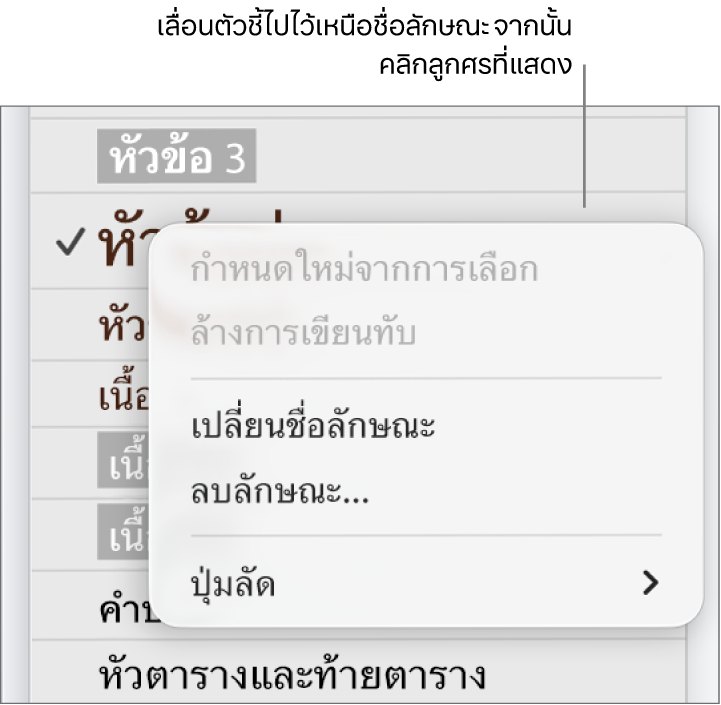 เมนูลักษณะย่อหน้าที่มีเมนูลัดเปิดอยู่
