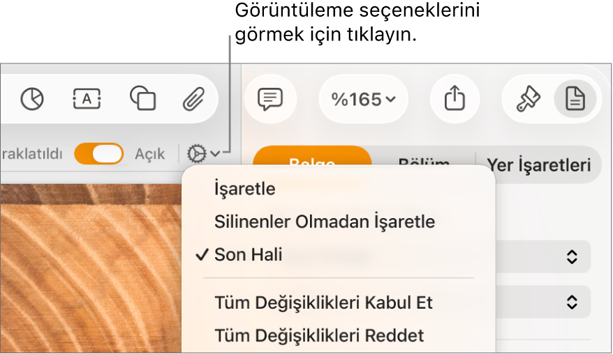 İşaretle, Silinenler Olmadan İşaretle ve Son Hali öğelerini gösteren gözden geçirme seçenekleri menüsü.
