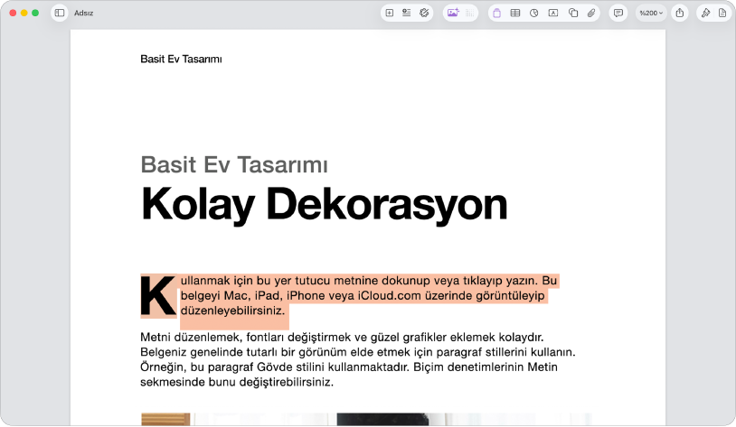 Açık bir belgede şablon yer tutucu metni seçili.