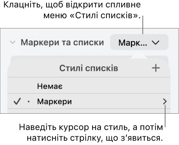 Спливне меню «Стилі списків» з одним вибраним стилем і стрілкою справа від нього.