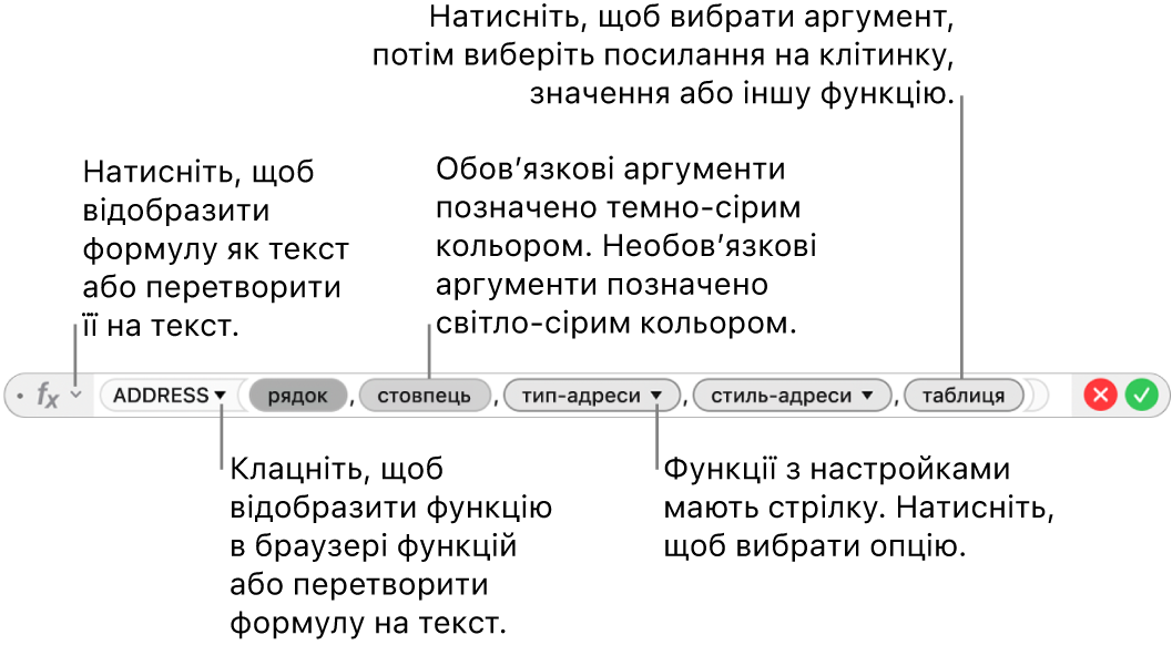 Редактор формул і функція ADDRESS та її токени аргументів.