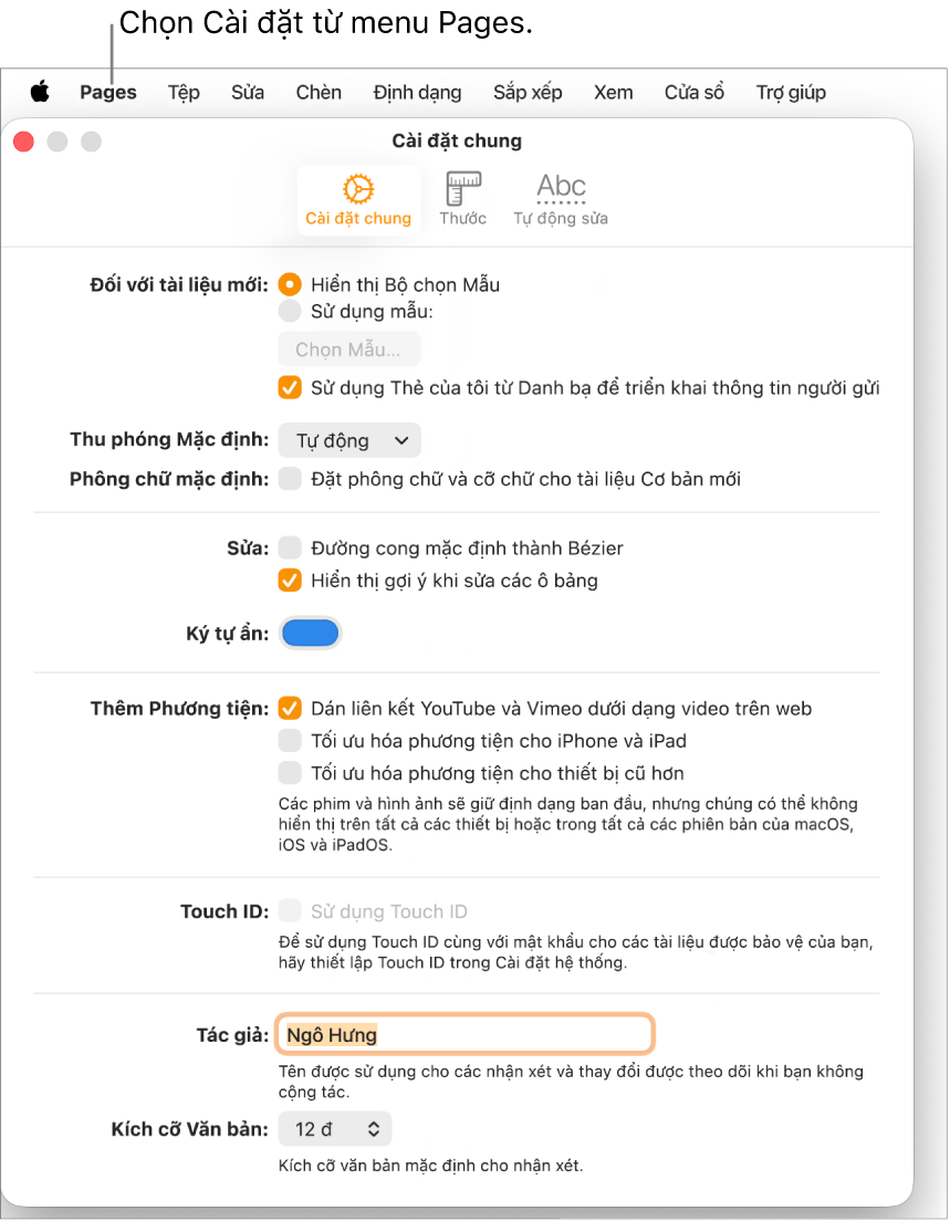 Khung Cài đặt Pages mở đến tab Cài đặt chung.