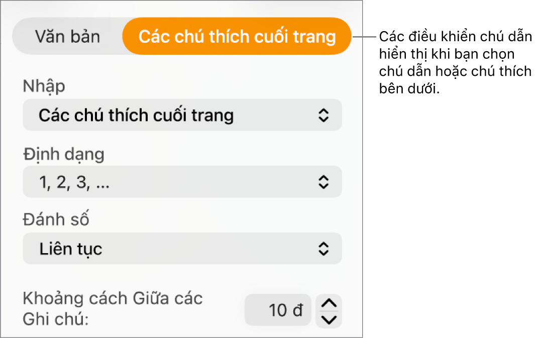 Khung Chú thích cuối trang đang hiển thị các menu bật lên cho Loại, Định dạng, Đánh số và khoảng cách giữa các ghi chú.