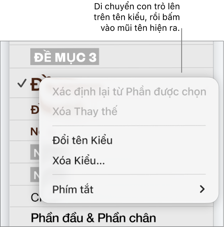 Menu Kiểu đoạn với menu phím tắt mở.